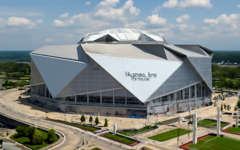 mercedes_benz_stadium_atlanta.jpg "Mercedes-Benz Stadium in Atlanta, Georgia – Aerial view showcasing its geometric design, reflective metal exterior, and retractable roof."