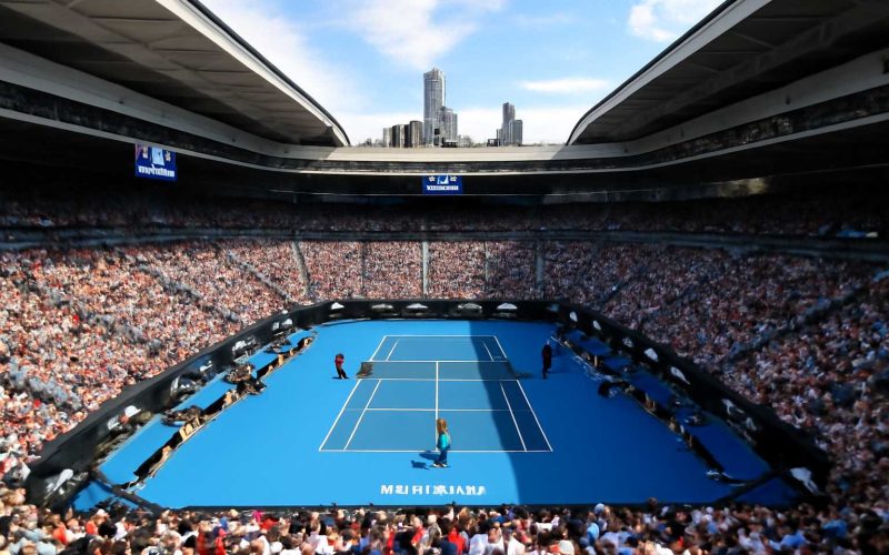 Melbourne_Park_Rod_Laver_Arena_Australian_Open.jpg "Melbourne Park Rod Laver Arena during the Australian Open with a full stadium, featuring players on the court and a vibrant blue tennis court."