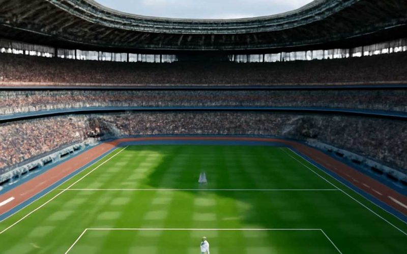 tokyo-olympic-stadium.jpg "Tokyo Olympic Stadium during a live sporting event with a vibrant crowd, green soccer field, and partially covered roof under a blue sky."