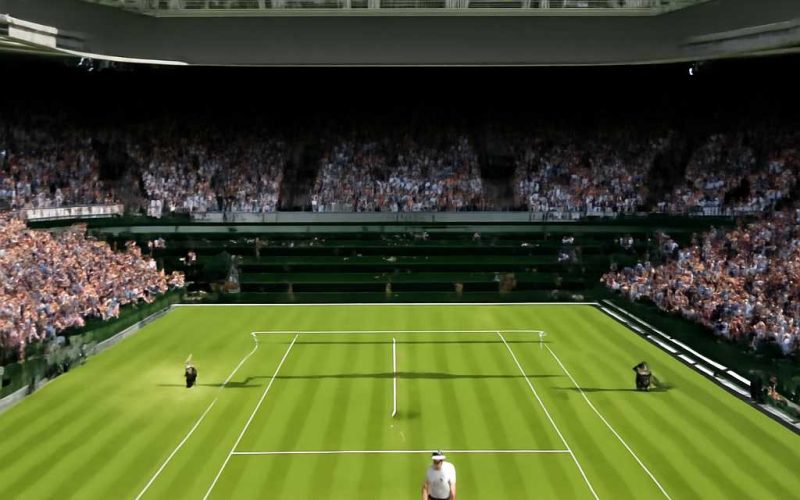 wimbledon-centre-court.jpg "Wimbledon’s Centre Court with a player in white attire on the lush grass court, under the retractable roof, with a packed stadium."